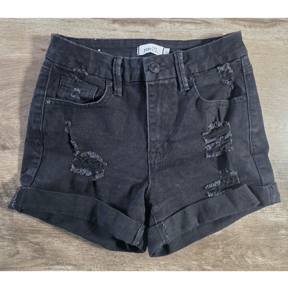 Rue21 Pants - Rue21 Womens Black Distressed Denim Shorts High Waisted Cuffed Size 2